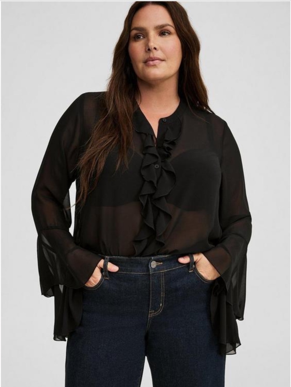 Torrid Sheer Ruffle-Front Blouse - Black